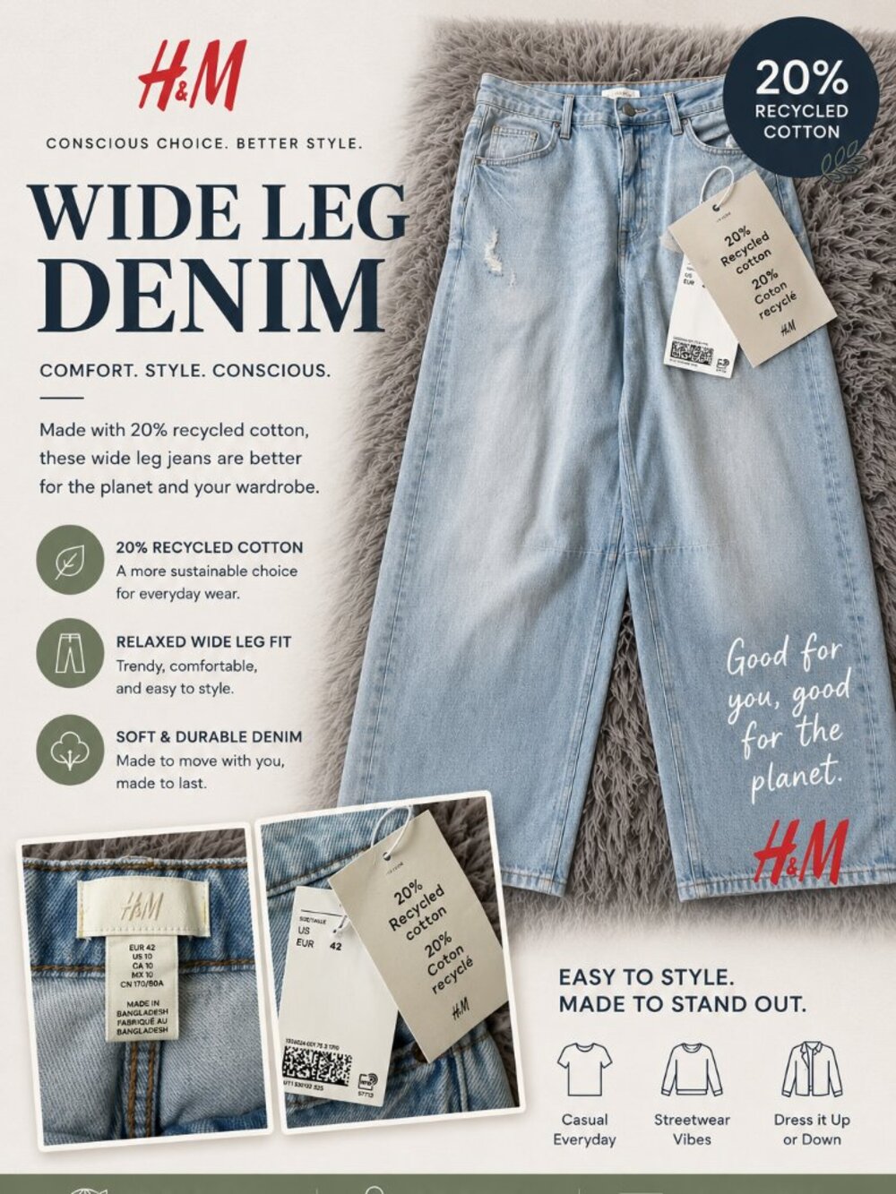 H&M Wide Leg Jeans Womens Size 10 Light Wash Distressed High Rise Baggy Denim Pa